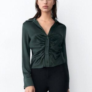 Zara Green Satin Ruched Button Down Top size Small